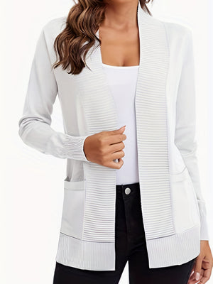 Gray textured knit open-front cardigan with pockets and ribbed details.