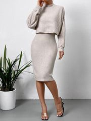 Ribbed knit co-ord set in Dust Storm, featuring a cropped sweater and midi pencil skirt.
