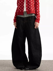 Layered double waist wide leg jeans in dark wash cotton, featuring a relaxed fit and contrast stitching.