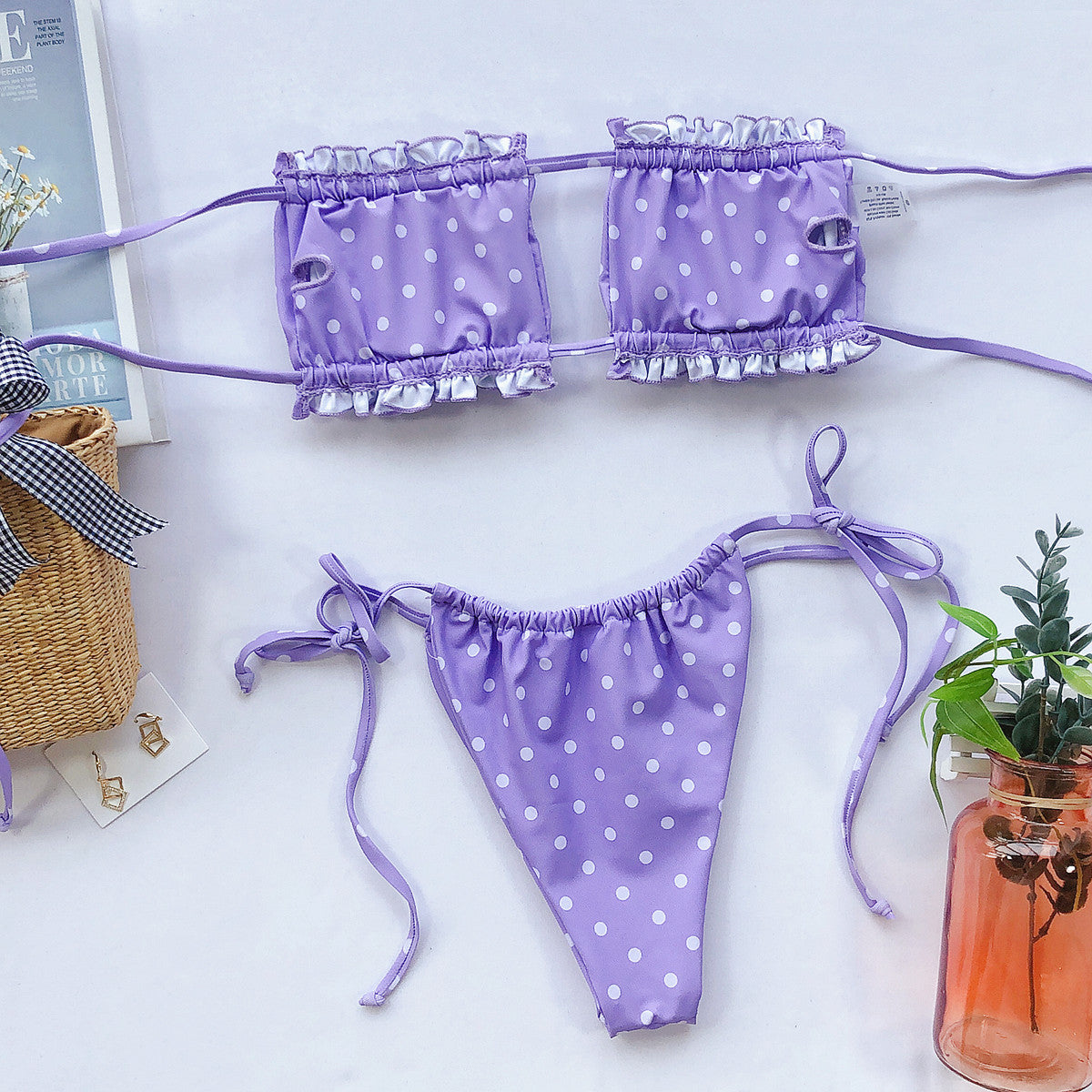 Lavender polka dot ruffle bandeau bikini set with tie sides