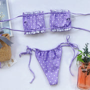 Lavender polka dot ruffle bandeau bikini set with tie sides