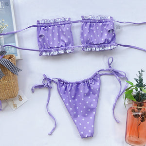 Lavender polka dot ruffle bandeau bikini set with tie sides