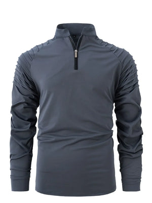 Dark Gray zip-neck pullover sweater with pleated shoulder details and long sleeves.