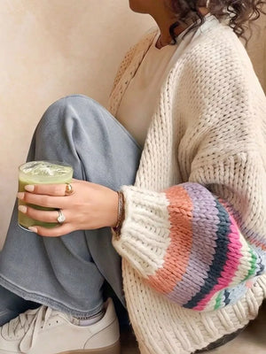 Chunky Knit Rainbow Sleeve Cardigan in Cream, model styling view