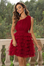 Red tulle ruffle one-shoulder mini dress with tiered skirt.