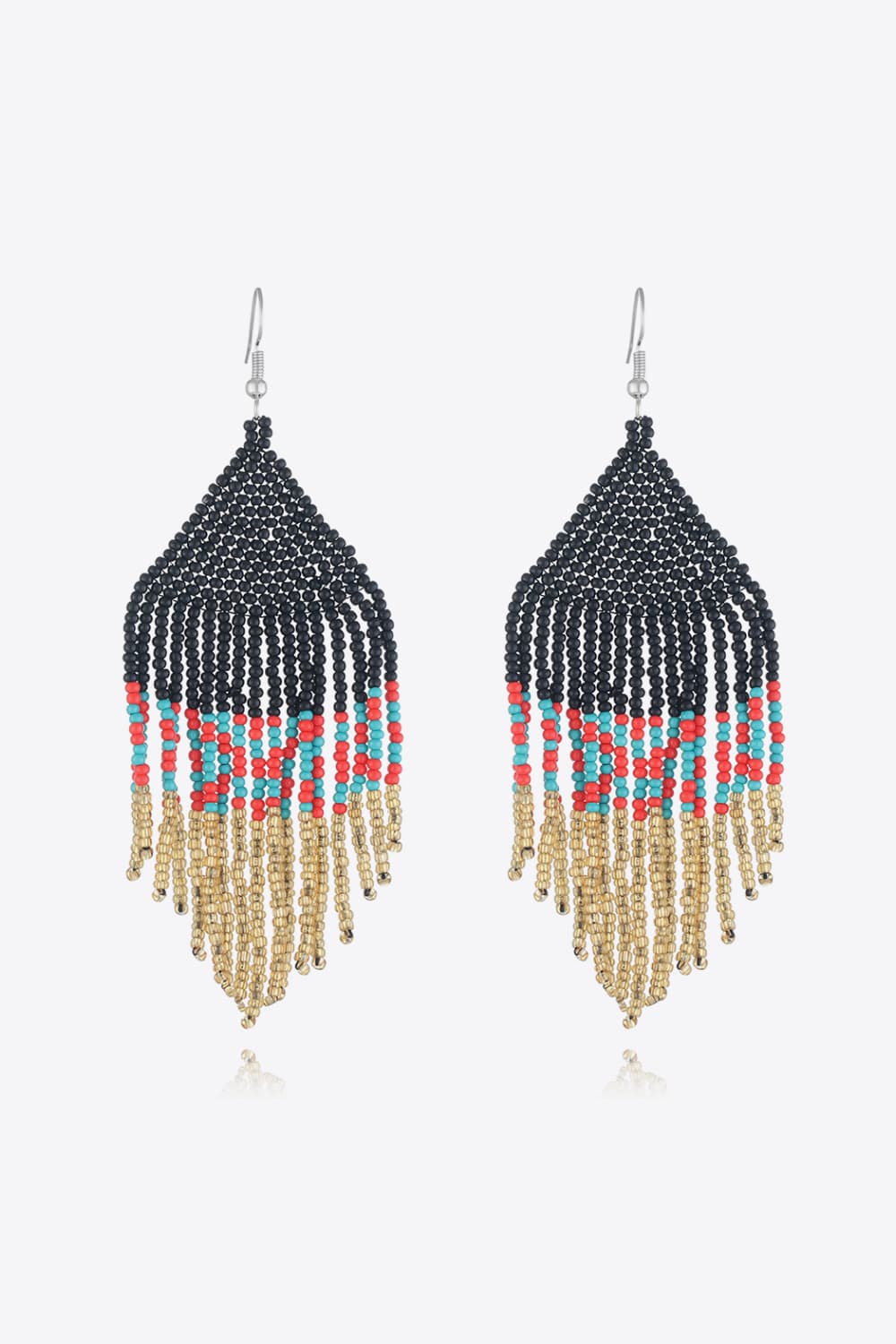 Geometric fringe beaded earrings in black, red, turquoise, and gold.