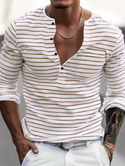 Men's Full Size Striped Long Sleeve Henley T-shirt in White, product detail