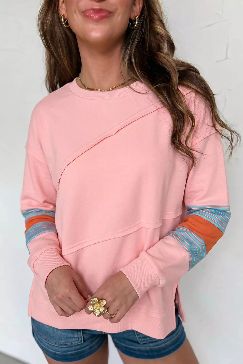 Colorblock Striped Patchwork Long Sleeve Blouse, close-up detail