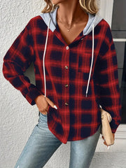 Plaid shirt jacket in brick red and navy with contrast grey hood and white drawstrings.
