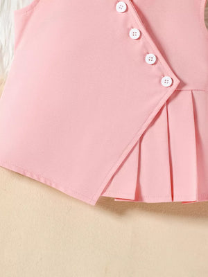 Pink baby outfit with pleated skirt and decorative buttons