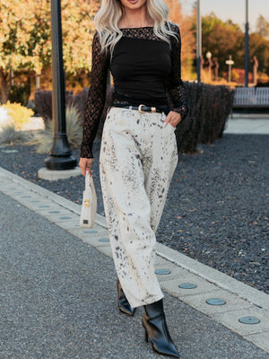 Black lace-trimmed sheer shirt with a square neckline and long sleeves.