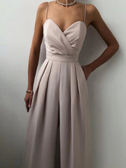 Ruched spaghetti strap wide-leg jumpsuit in Lotus Root with a sweetheart neckline and pleated wide legs.