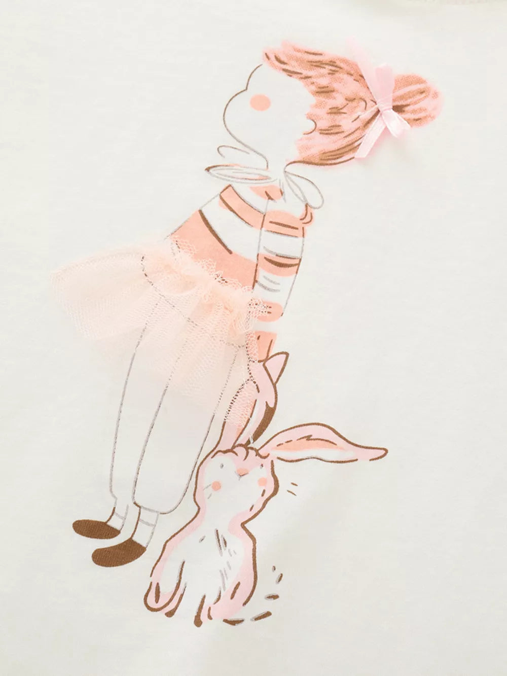Baby tee with ruffled sleeves and a graphic of a girl with a bunny, pink stripes, and a pink bow.