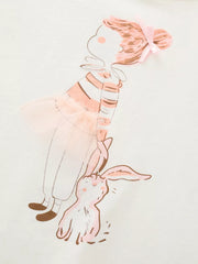 Baby tee with ruffled sleeves and a graphic of a girl with a bunny, pink stripes, and a pink bow.