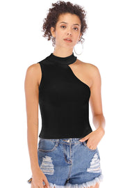 Black ribbed knit tank top with asymmetric cut-out detail and mock neck.