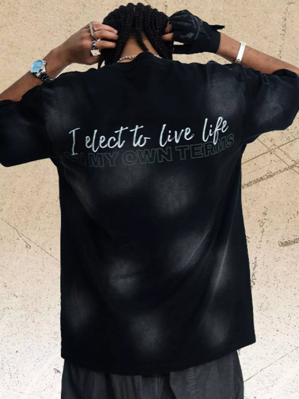 Men's Vintage Graphic Round Neck T-shirt in Black, side view