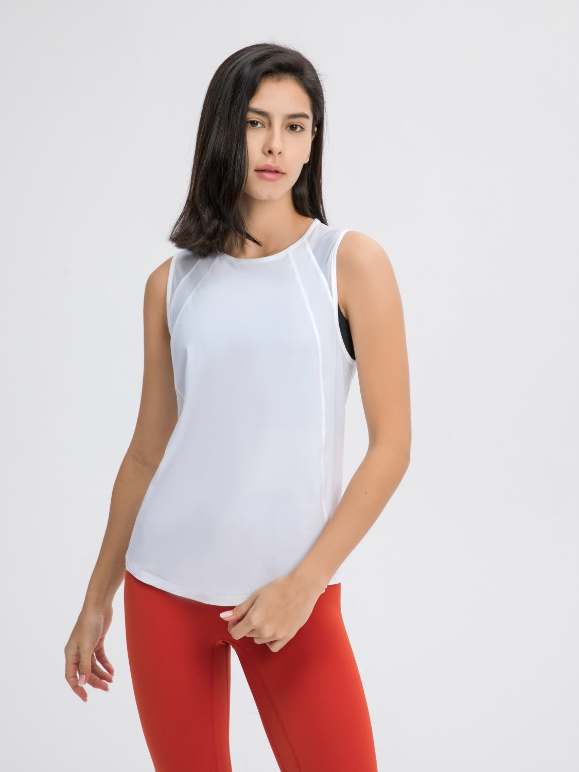 White mesh-back performance tank top with crew neck and athletic fit.