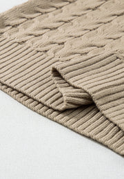 Khaki cable knit turtleneck capelet sweater with ribbed trim