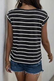 Black and white stripe tee with cap sleeves and button shoulder detail