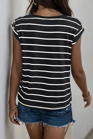 Black and white stripe tee with cap sleeves and button shoulder detail