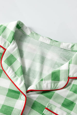 Light green gingham pajama set with red trim and collared neckline