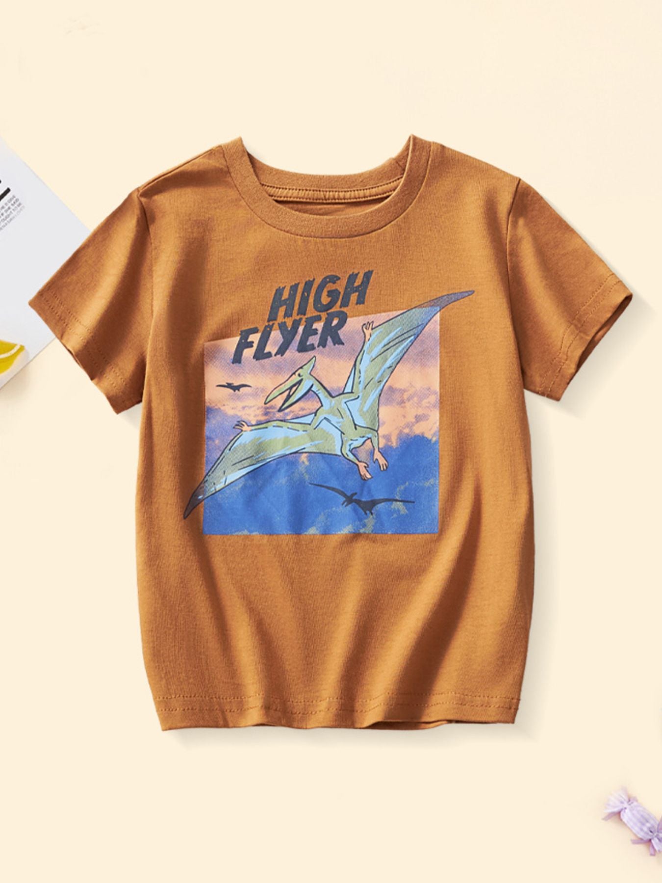 Burnt orange cotton crew neck t-shirt with a High Flyer dinosaur graphic.