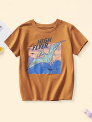 Burnt orange cotton crew neck t-shirt with a High Flyer dinosaur graphic.