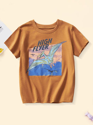 Burnt orange cotton crew neck t-shirt with a High Flyer dinosaur graphic.
