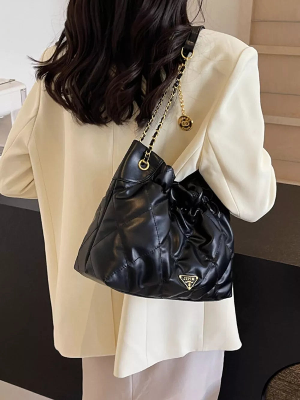 Ruched Leather Shoulder Bag in Black, fabric detail
