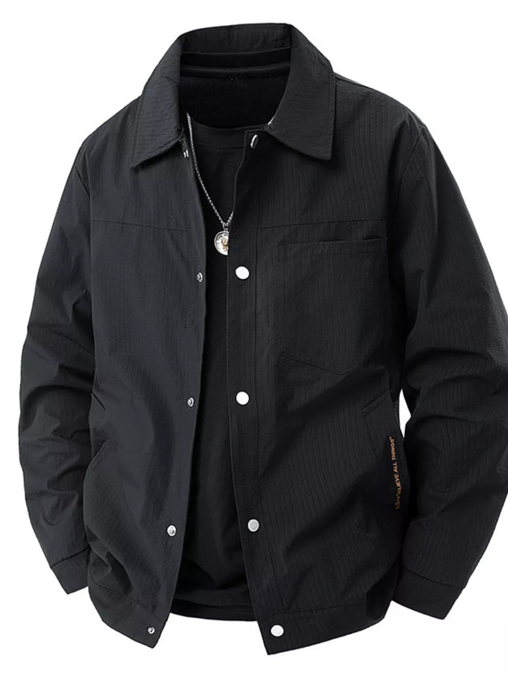 Black snap-down jacket with subtle vertical stripe texture and chest pocket.