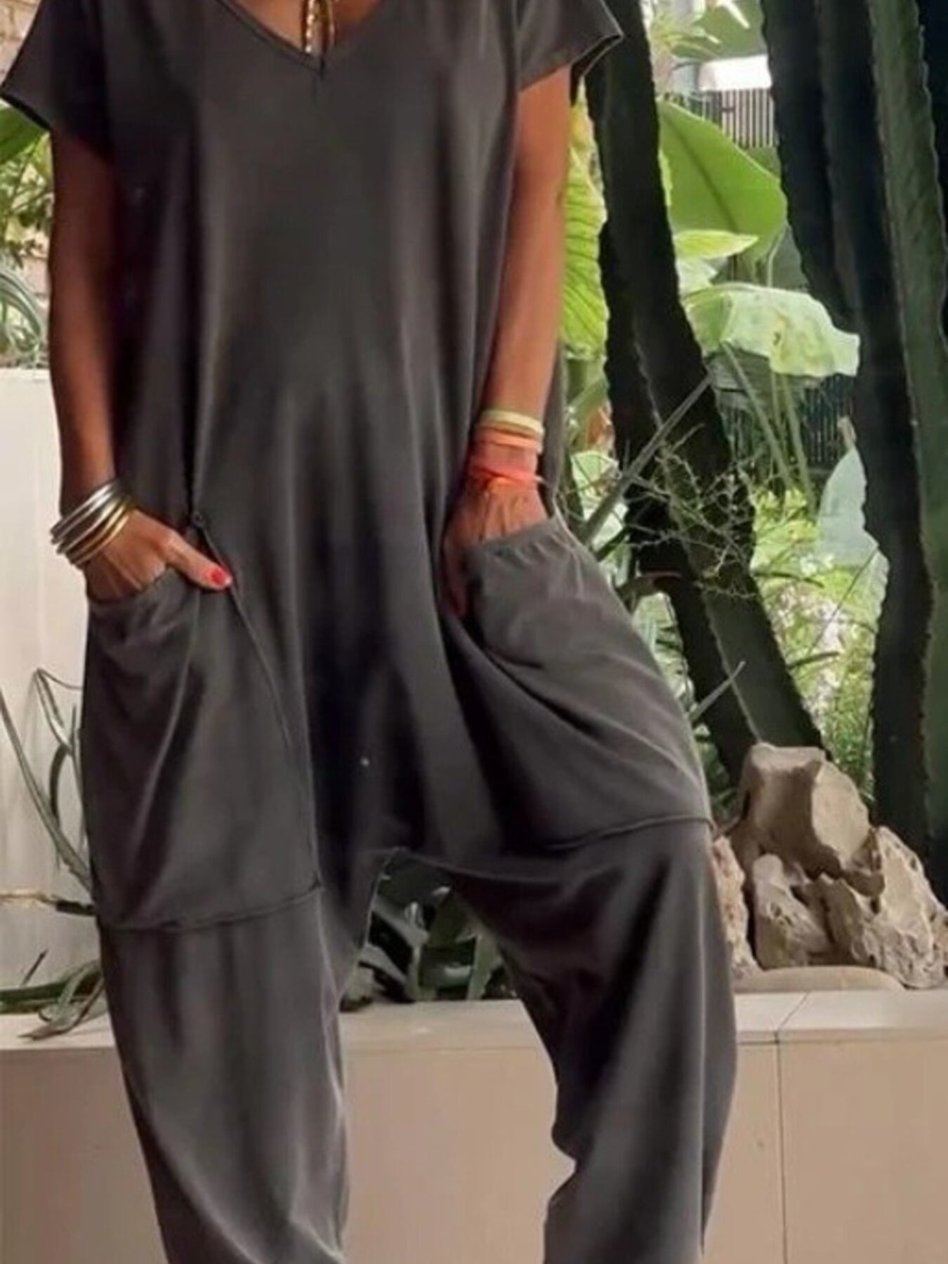 Loose Fit V-neck Short Sleeve Wide Leg Jumpsuit in Floral Gray, view 15