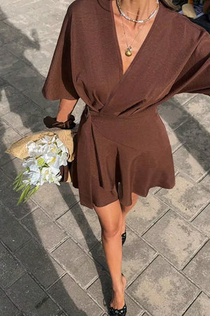 Surplice Half Sleeve Mini Dress in Burgundy, alternate angle