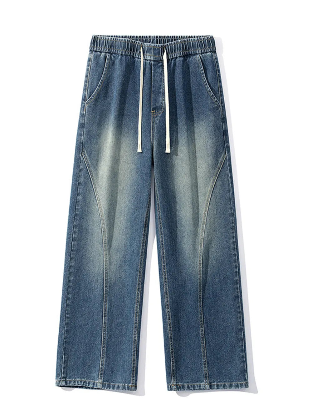Men's vintage wash wide-leg jeans with drawstring in light blue denim.