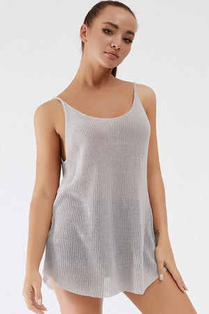 Gray ribbed knit cami with scoop neckline and thin straps
