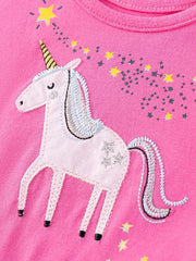 Pink cotton toddler dress with embroidered unicorn and stars detail.