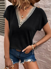 Black dolman sleeve top with lace trim V-neck, casual style