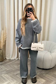 Gray relaxed fit sweater set with contrast trim details on neckline, cuffs, and hem.