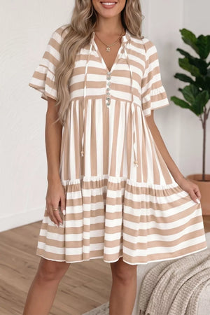 Chic striped v-neck flared summer dress with button detail and tie neck