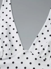 White polka dot halter cami with deep V-neck and gathered detail