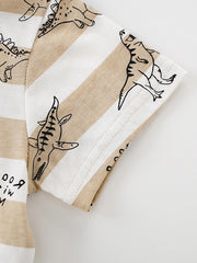 Toddler t-shirt with beige and white stripes and dinosaur print.