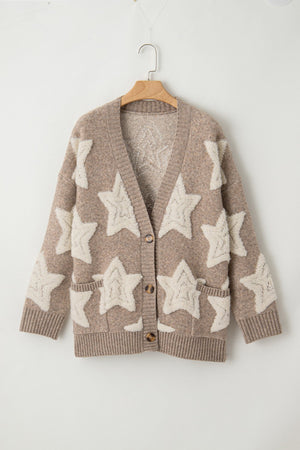 Textured starburst knit cardigan in mocha with button front and pockets.