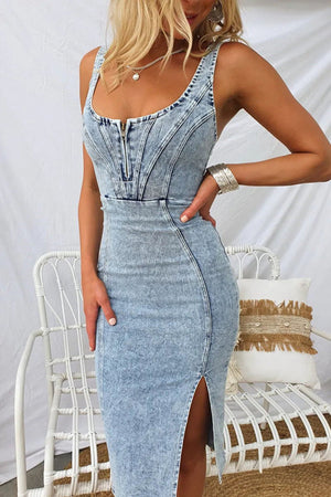 Light blue denim midi dress with zip front and thigh slit