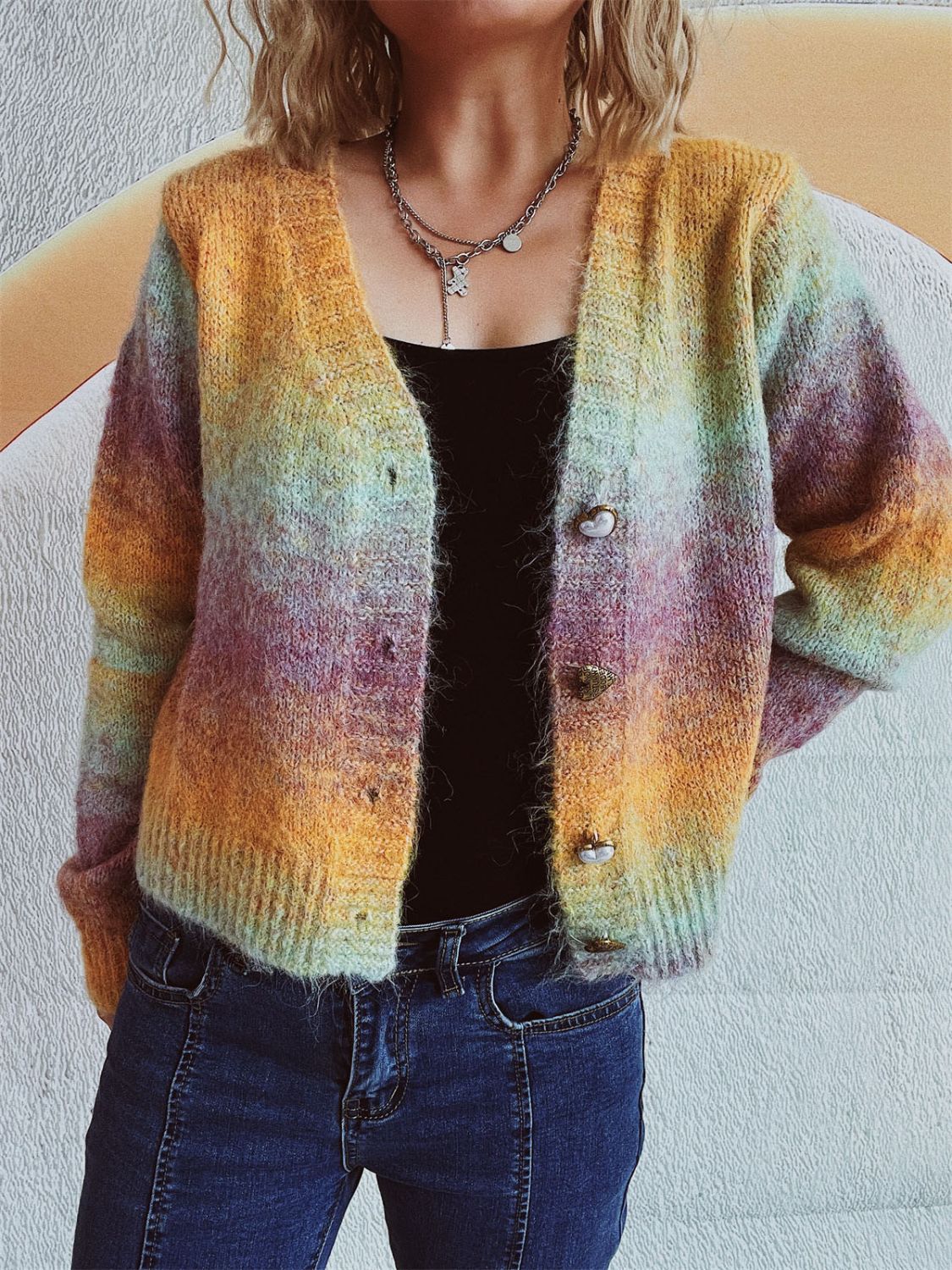 Ombre knit cardigan with heart buttons and a V-neck, in multicolor acrylic blend.