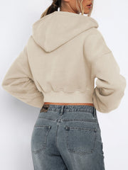 Khaki cropped zip-up hoodie with ribbed hem and hood.