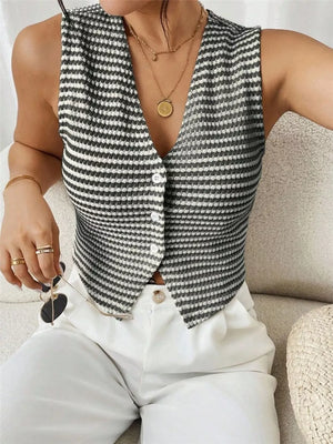 Chic striped knit v-neck tank top with button front detail.