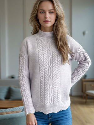 Textured cable knit mock neck pullover sweater in light purple with ribbed cuffs and hem.