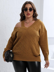 Caramel knit sweater with diamond pattern and asymmetric cold shoulder neckline.