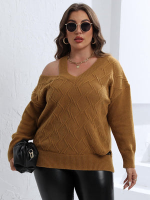 Caramel knit sweater with diamond pattern and asymmetric cold shoulder neckline.
