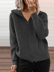Gray ribbed knit zip-up trench coat with collar and pockets.