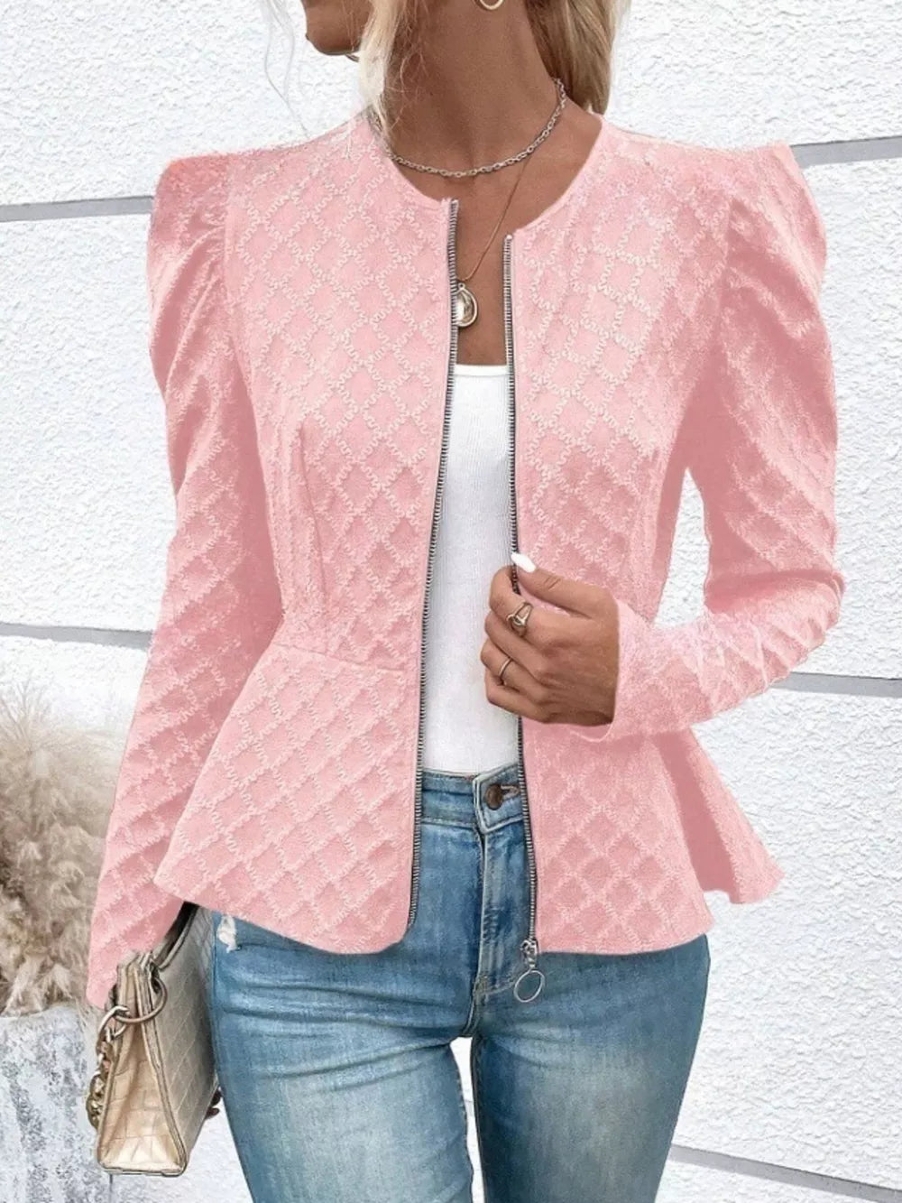Puff Sleeve Textured Jacquard Jacket in Pink, back view